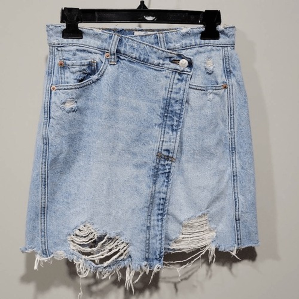Free People We The Free Denim Mini Skirt 26 Y2K Distressed Raw Hem Asymmetrical